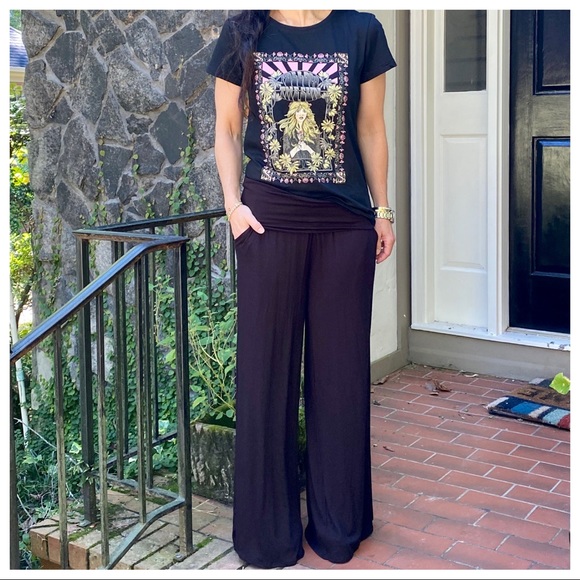 Black Wide leg Fold Waist Pants With Side pockets - Picture 8 of 8